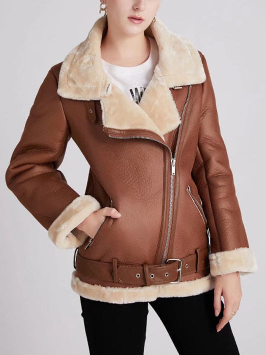 Aviator Jackets- Faux Sheep Leather Fur Winter Flight Jacket- Brown- Pekosa Women Clothing