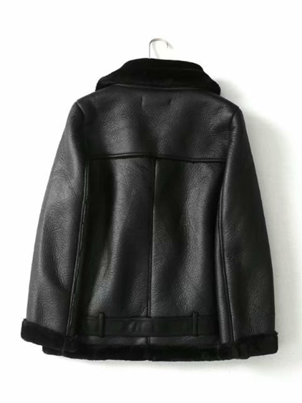 Aviator Jackets- Faux Sheep Leather Fur Winter Flight Jacket- - Pekosa Women Clothing