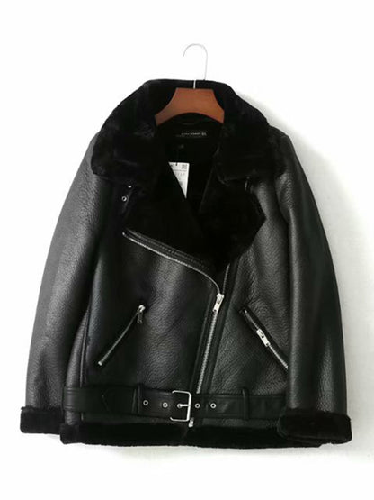 Aviator Jackets- Faux Sheep Leather Fur Winter Flight Jacket- Black- Pekosa Women Clothing