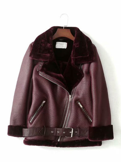 Aviator Jackets- Faux Sheep Leather Fur Winter Flight Jacket- Wine Red- Pekosa Women Clothing