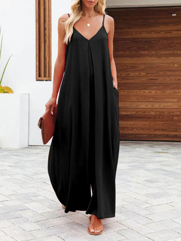 Baggy Playsuits- Women's Solid Wide-Leg Jumpsuit - Full-Length Baggy Playsuit- Black- Pekosa Women Fashion