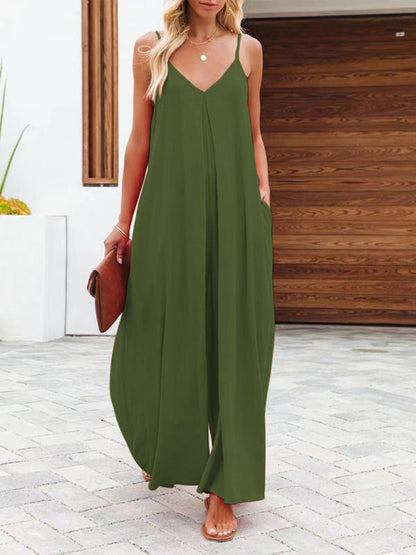 Baggy Playsuits- Women's Solid Wide-Leg Jumpsuit - Full-Length Baggy Playsuit- Green- Pekosa Women Fashion