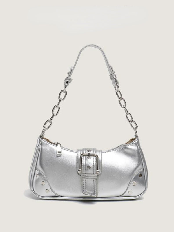 Baguette Bags- Metallic Faux Leather Shoulder Baguette Bag- Silver grey- Pekosa Women Clothing