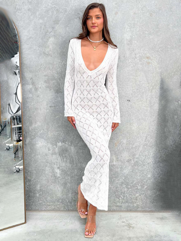 Beach Cover Up- Open-Knit Cover-Up Beach Maxi Dress for Summer Getaways- - Pekosa Women Clothing