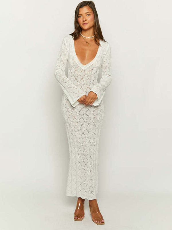 Beach Cover Up- Open-Knit Cover-Up Beach Maxi Dress for Summer Getaways- White- Pekosa Women Clothing