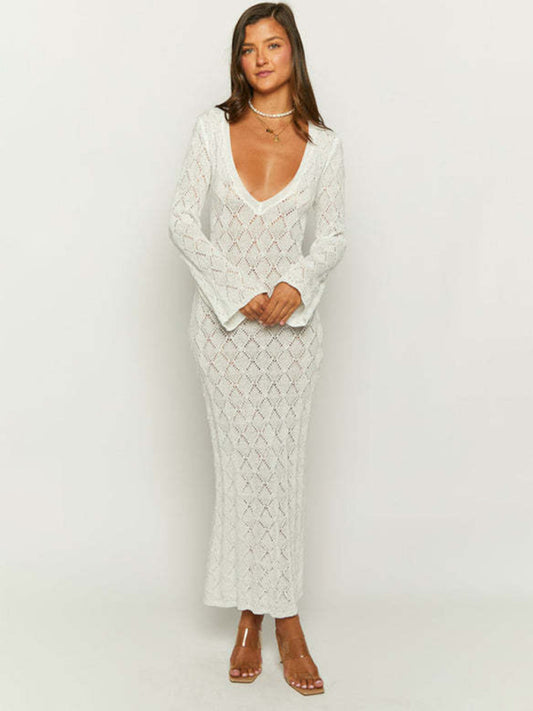 Beach Cover Up- Open-Knit Cover-Up Beach Maxi Dress for Summer Getaways- White- Pekosa Women Clothing