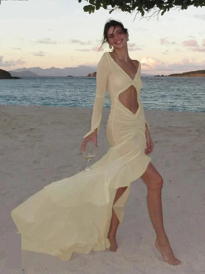 Beach Dresses- Runway Sheer High-Low Mermaid Dress with Frill & Ruffle- - Pekosa Women Fashion