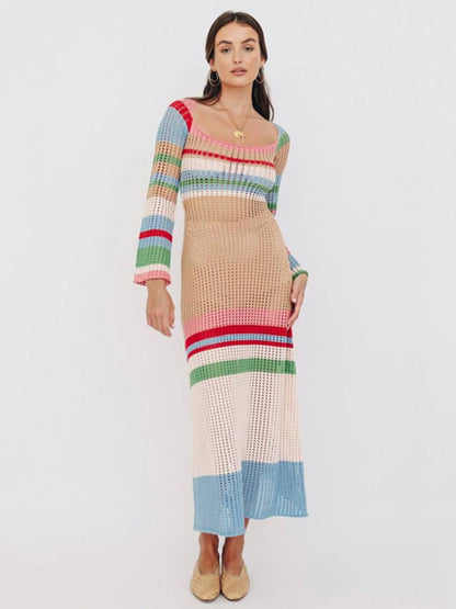 Beachwear- Relaxed Beach Striped Crochet Long Sleeve Midi Dress- - Pekosa Women Clothing