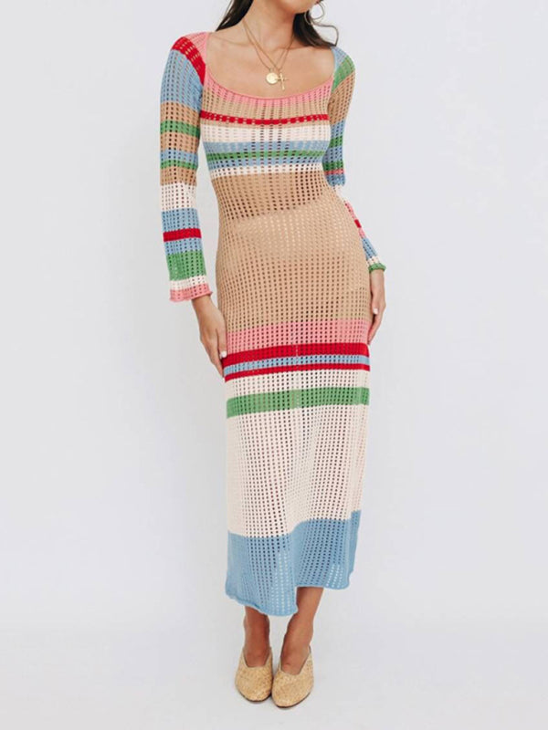 Beachwear- Relaxed Beach Striped Crochet Long Sleeve Midi Dress- Pattern1- Pekosa Women Clothing