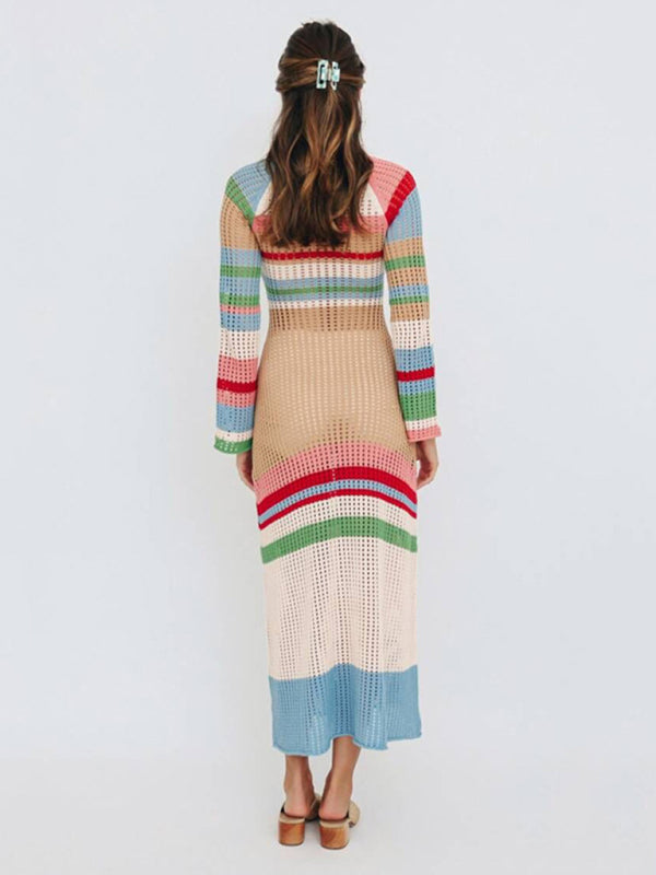 Beachwear- Relaxed Beach Striped Crochet Long Sleeve Midi Dress- - Pekosa Women Clothing