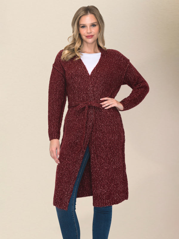 Belted Cardigans- Wrap Knitwear - Belted Mid-Length Duster Cardigan- Wine Red- Pekosa Women Clothing