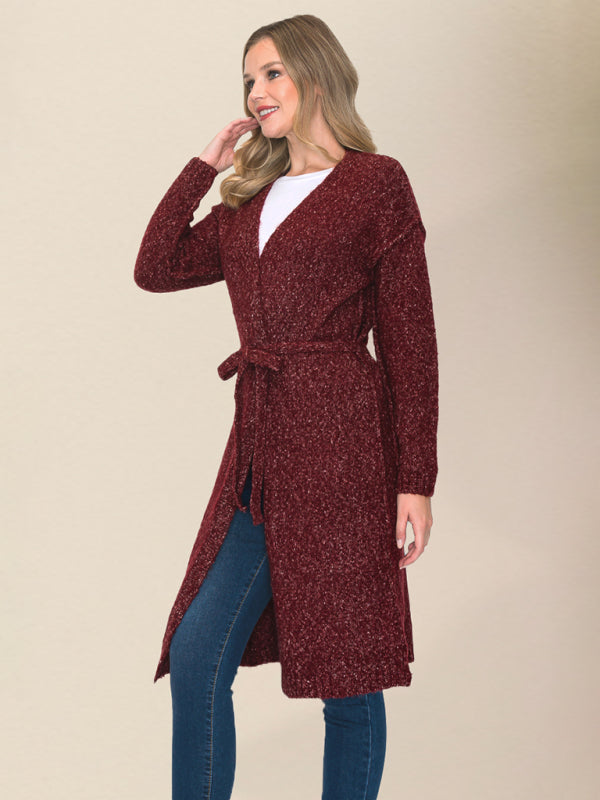 Belted Cardigans- Wrap Knitwear - Belted Mid-Length Duster Cardigan- - Pekosa Women Clothing