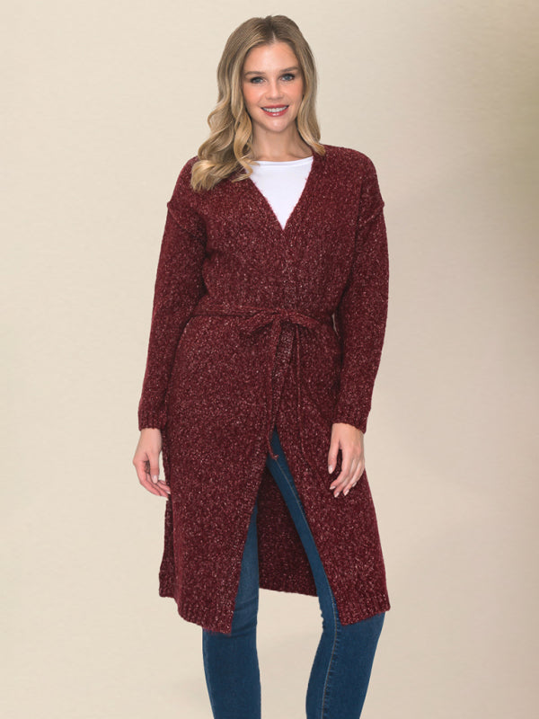 Belted Cardigans- Wrap Knitwear - Belted Mid-Length Duster Cardigan- - Pekosa Women Clothing