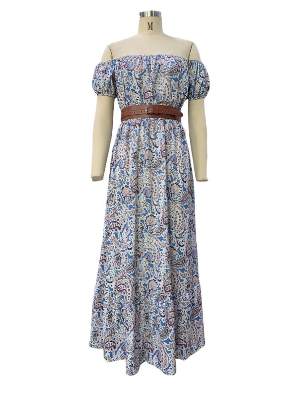 Belted Dresses- Off Shoulder Belted Maxi Dress in Paisley Print- - Chuzko Women Clothing