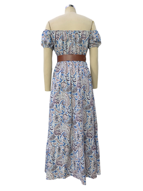 Belted Dresses- Off Shoulder Belted Maxi Dress in Paisley Print- - Chuzko Women Clothing