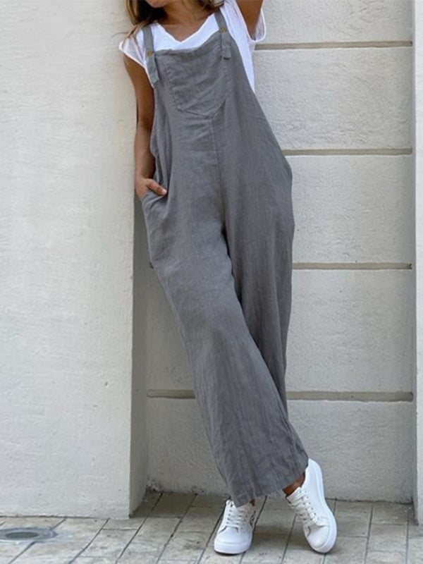 Bib Overalls- Baggy Bib Overalls in Cotton Linen – Essential Pantsuit- Grey- Pekosa Women Clothing