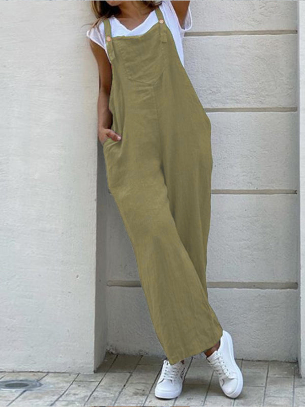 Bib Overalls- Baggy Bib Overalls in Cotton Linen – Essential Pantsuit- Olive green- Pekosa Women Clothing