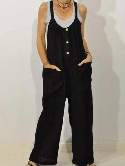 Bib Overalls- Cotton Linen Bib Overalls – Flowy Pantsuits with Pockets- Black- Pekosa Women Clothing