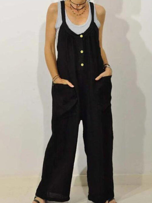 Bib Overalls- Cotton Linen Bib Overalls – Flowy Pantsuits with Pockets- Black- Pekosa Women Clothing