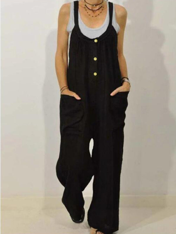 Bib Overalls- Cotton Linen Bib Overalls – Flowy Pantsuits with Pockets- - Pekosa Women Clothing