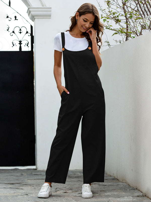 Bib Overalls- Solid Cotton Bib Pants Overalls - Women's Jumpsuit- - Pekosa Women Clothing