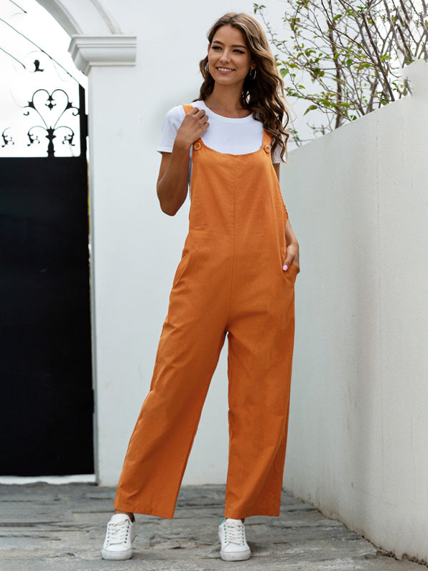 Bib Overalls- Solid Cotton Bib Pants Overalls - Women's Jumpsuit- - Pekosa Women Clothing