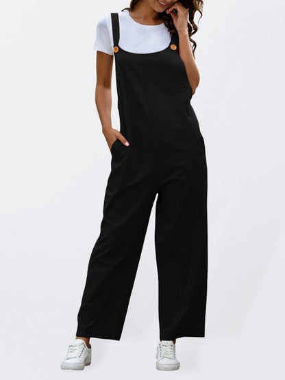 Bib Overalls- Solid Cotton Bib Pants Overalls - Women's Jumpsuit- Black- Pekosa Women Clothing