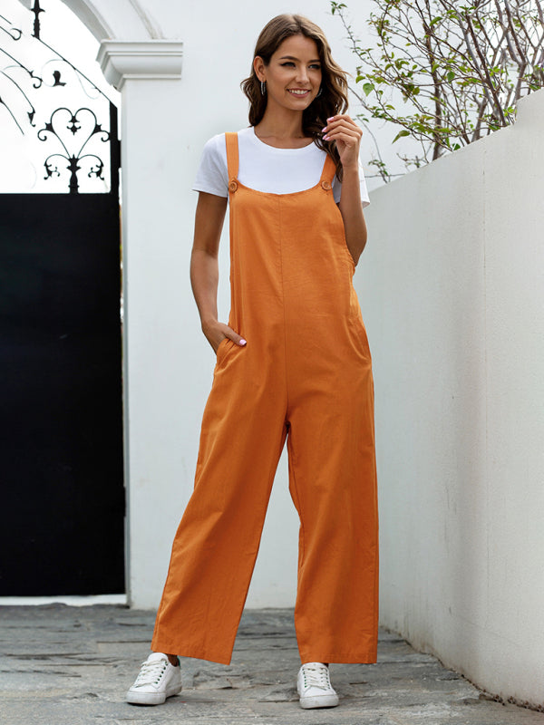 Bib Overalls- Solid Cotton Bib Pants Overalls - Women's Jumpsuit- Orange- Pekosa Women Clothing