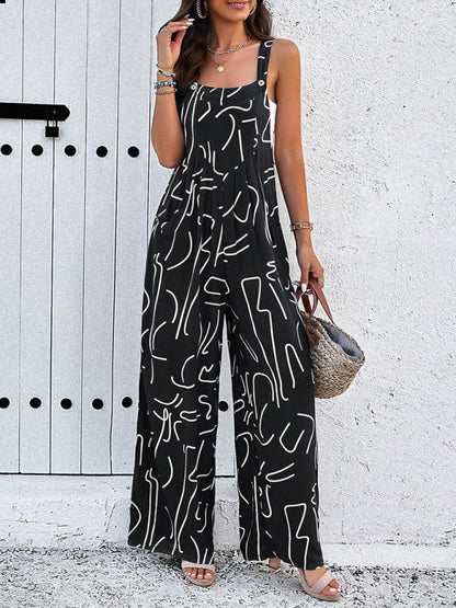 Bib Overalls- Wide-Leg Bib Overalls – Abstract Print Playsuit with Pockets- - Pekosa Women Clothing