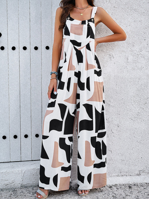 Bib Overalls- Wide-Leg Bib Overalls – Abstract Print Playsuit with Pockets- - Pekosa Women Clothing