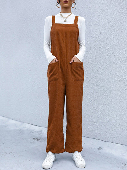 Bib Pantsuits- Solid Corduroy Bib Pants Patch Pockets Overalls Jumpers- - Pekosa Women Clothing