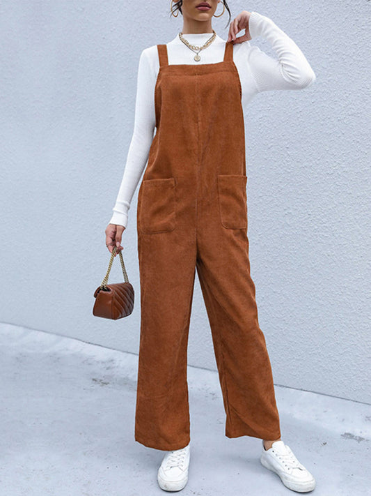 Bib Pantsuits- Solid Corduroy Bib Pants Patch Pockets Overalls Jumpers- Brown- Pekosa Women Clothing