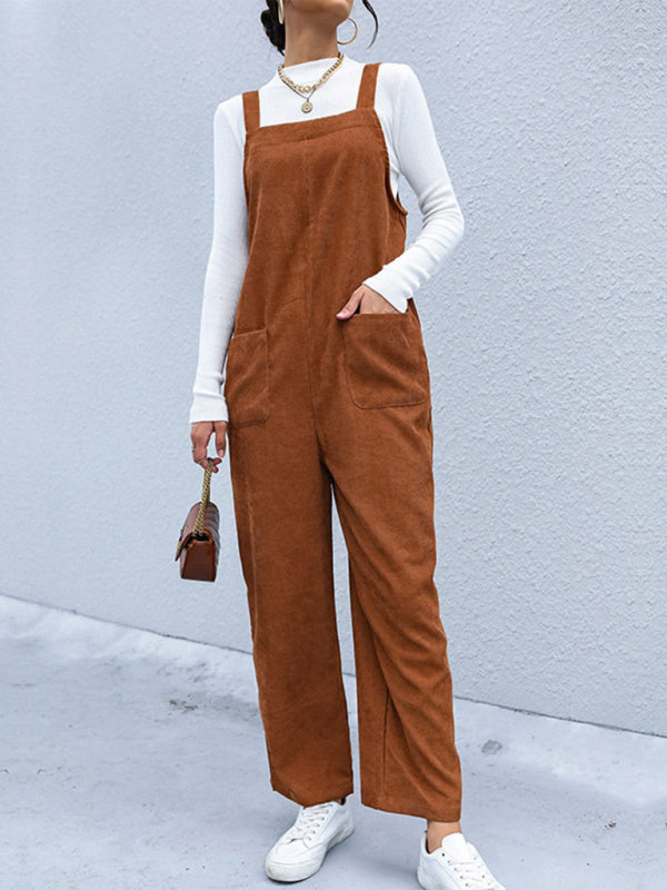 Bib Pantsuits- Solid Corduroy Bib Pants Patch Pockets Overalls Jumpers- - Pekosa Women Clothing