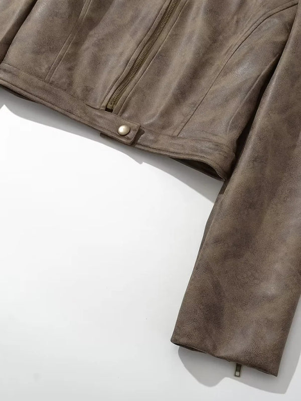 Biker Jackets- Faux Leather Zip-Up Stand Neck Biker Jacket- - Pekosa Women Clothing