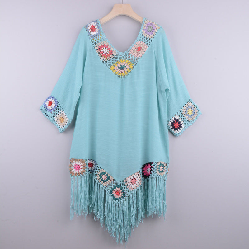 Bikini Cover Up- Beach Cotton Embroidered Fringe Bikini Cover-Up- Blue- Pekosa Women Clothing