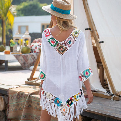 Bikini Cover Up- Beach Cotton Embroidered Fringe Bikini Cover-Up- - Pekosa Women Clothing