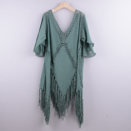 Bikini Cover Up- Crochet Poncho Bikini Cover-Up - Embroidered Cotton Fringe Slit Blouse- Green- Pekosa Women Clothing