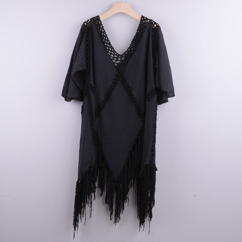 Bikini Cover Up- Crochet Poncho Bikini Cover-Up - Embroidered Cotton Fringe Slit Blouse- Black- Pekosa Women Clothing