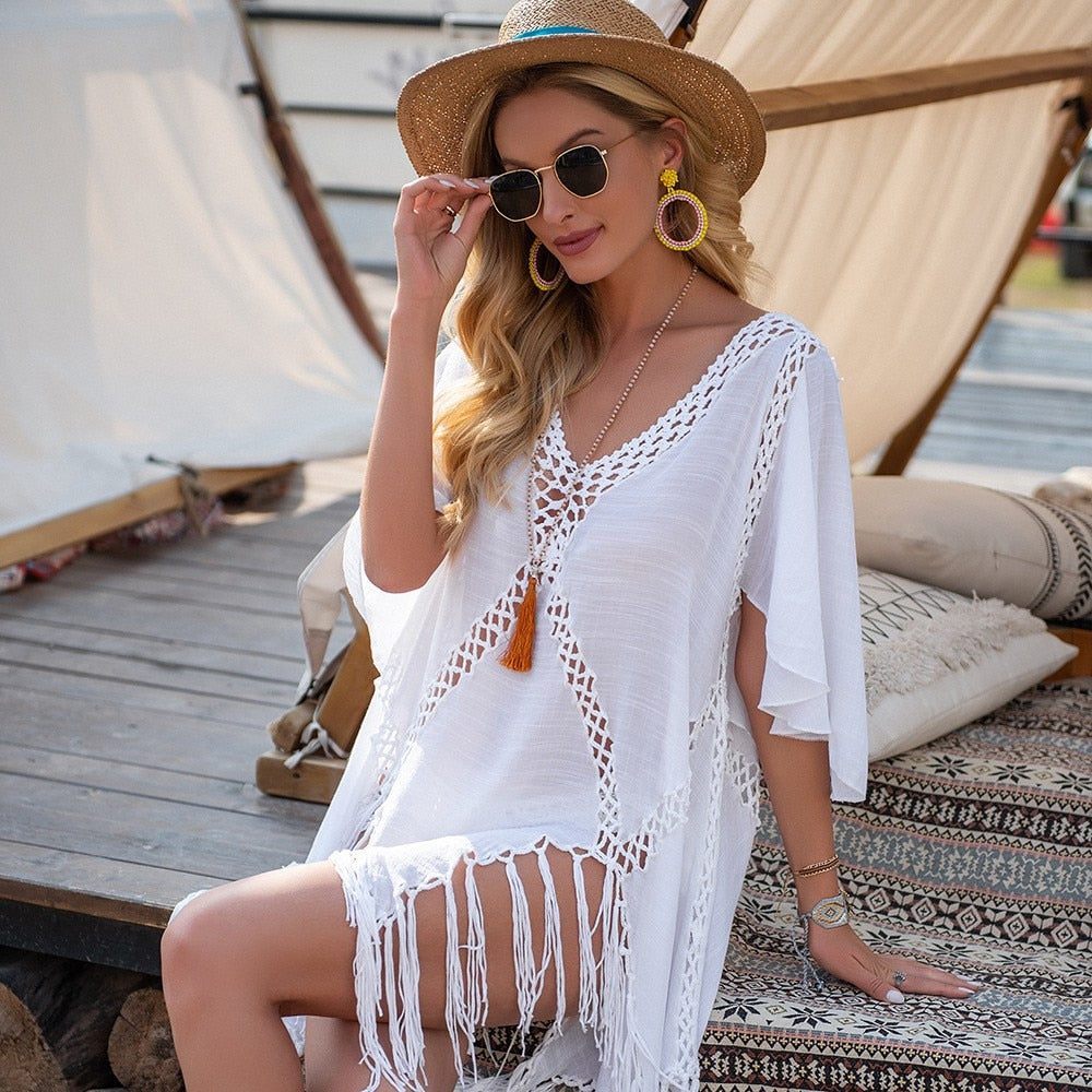 Bikini Cover Up- Crochet Poncho Bikini Cover-Up - Embroidered Cotton Fringe Slit Blouse- - Pekosa Women Clothing