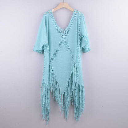 Bikini Cover Up- Crochet Poncho Bikini Cover-Up - Embroidered Cotton Fringe Slit Blouse- Blue- Pekosa Women Clothing