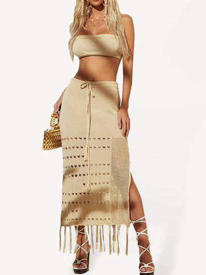 Bikini Cover Up Suit - Top & Skirt Set- Knitted Beach Set: Fringe Midi Skirt & Crop Tube Top- Beige- Pekosa Women Clothing