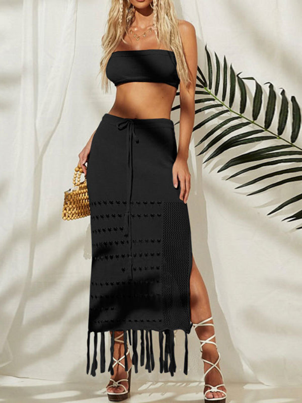 Bikini Cover Up Suit - Top & Skirt Set- Knitted Beach Set: Fringe Midi Skirt & Crop Tube Top- Black- Pekosa Women Clothing