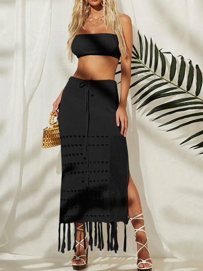 Bikini Cover Up Suit - Top & Skirt Set- Knitted Beach Set: Fringe Midi Skirt & Crop Tube Top- Black- Pekosa Women Clothing