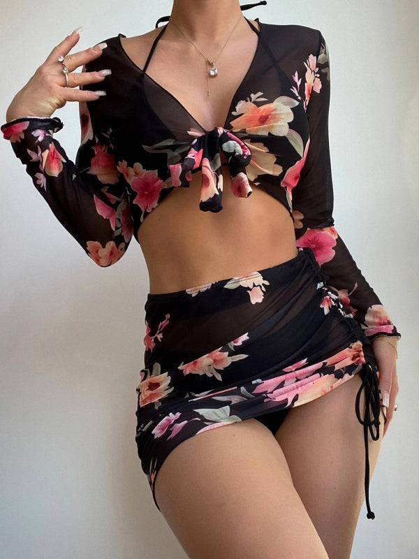 Bikini Set- From Beach to Chic: Complete your Look with Our 3-Piece Floral Bikini Set- Black- Pekosa Women Clothing