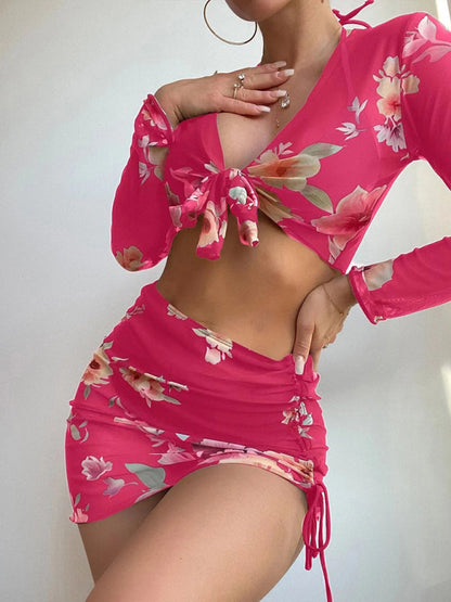 Bikini Set- From Beach to Chic: Complete your Look with Our 3-Piece Floral Bikini Set- Rose- Pekosa Women Clothing