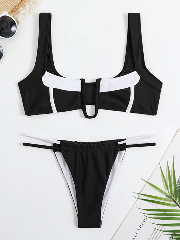 Bikini Swimwear- Wireless Ruched Plunging Top and Thong in a Brazilian Design 2-Piece Bikini Set- - Pekosa Women Clothing