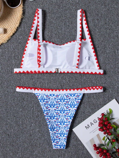 Bikini - Two Piece Set- Vacation Graphic Print Bandeau Wireless Bikini Set with Removable Padding- - Pekosa Women Clothing