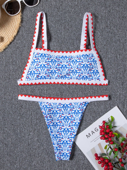 Bikini - Two Piece Set- Vacation Graphic Print Bandeau Wireless Bikini Set with Removable Padding- - Pekosa Women Clothing