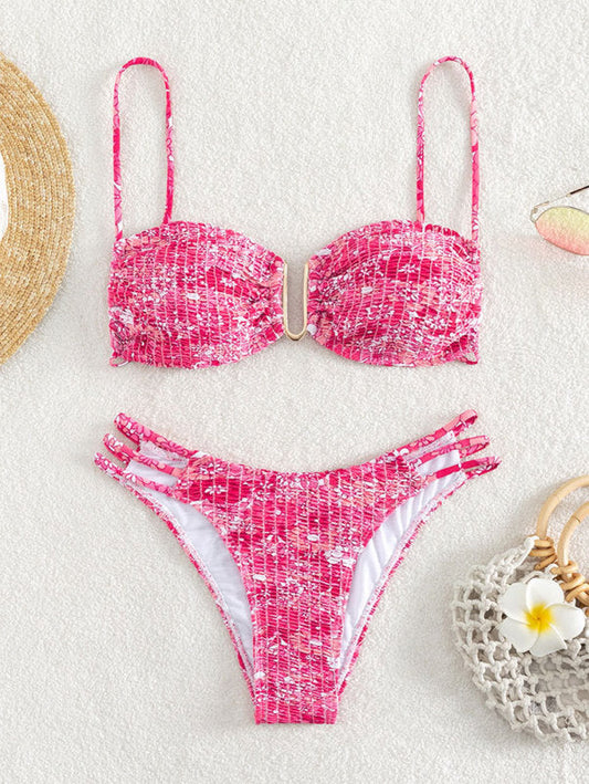 Bikini swimwear- Brazilian Smocked 2-Piece Bikini Set: Wireless V-Wired Bra, Mid-Waist Bottoms- Pink- Pekosa Women Clothing