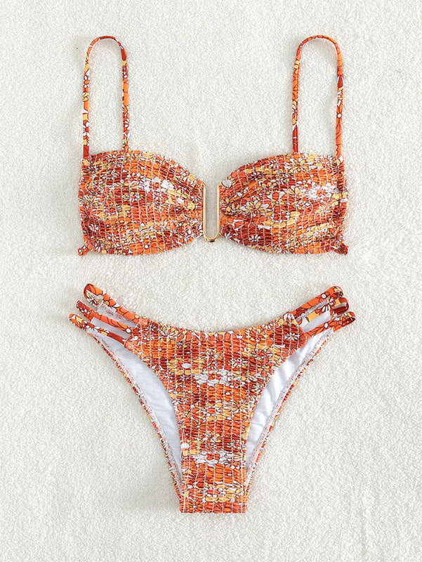 Bikini swimwear- Brazilian Smocked 2-Piece Bikini Set: Wireless V-Wired Bra, Mid-Waist Bottoms- Orange- Pekosa Women Clothing